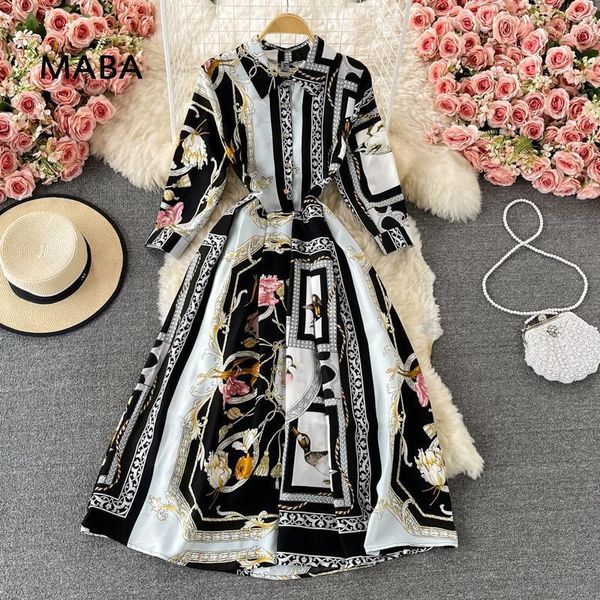 Casual Kleider 2022 Designer Runway Frühling Herbst Frauen Vintage Print Schwarz Hemd Kleid Mode Vestidos Plus Größe Robe Femme