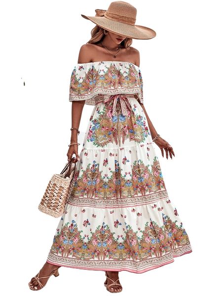

floral & paisley print ruffle hem belted bardot dress 55zn#, Black;gray