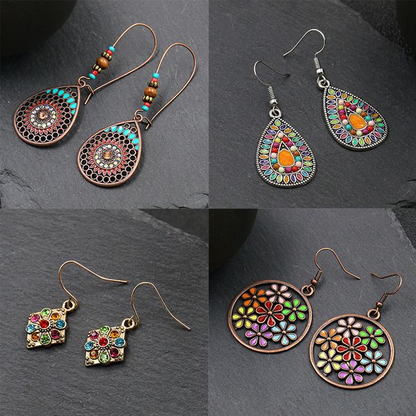 

women ethnic earrings bohemian personality water drop geometric dangle pendant earrings fashion vintage creative jewelry, Silver