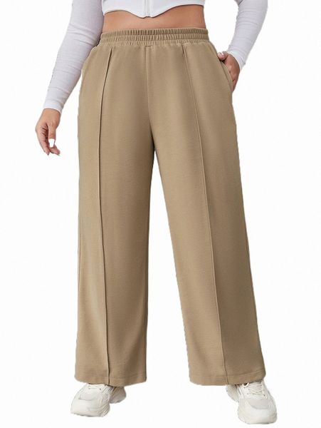 

plus high waist seam detail wide leg pants u9v4#, Black