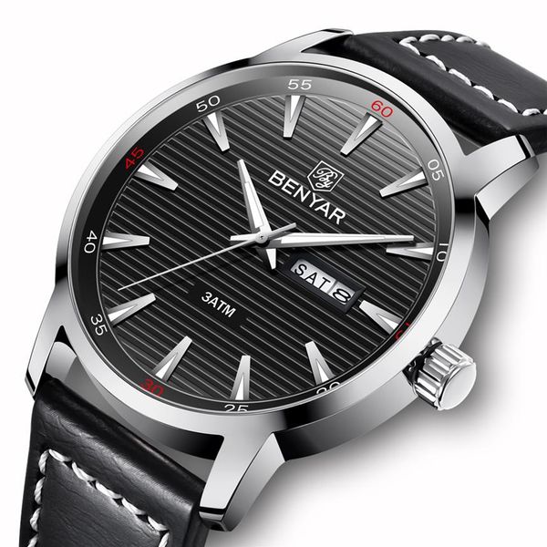 

luxury brand benyar 2018 new men watch fashion waterproof week date military male quartz leather watches relogio masculino2036, Slivery;brown