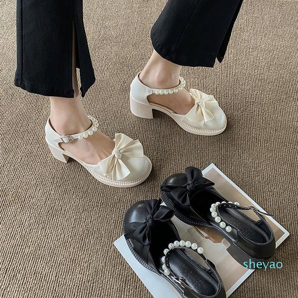 

dress shoes retro women beige high heels sandals ladies pumps round toe mary jane, Black
