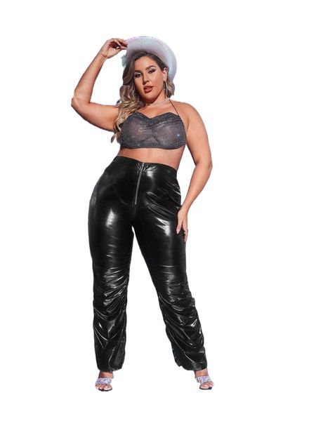 

plus high waist ruched pu pants k4xv#, Black