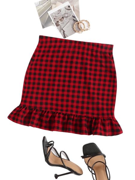 

ruffle hem gingham skirt x2i5#, Black