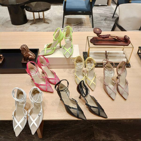 

2022 summer new sandals rhinestone mesh pointed patent leather cross buckle baotou stiletto high heels sandals women, Black