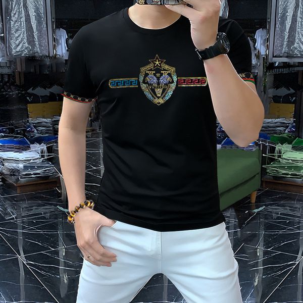 

popular embroidery men's t-shirts 2022 summer new fashion pattern letter diamonds design short sleeve slim round neck threaded cuffs te, White;black