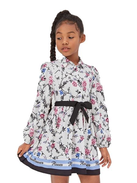 

girls floral print belted shirt dress m4ev#, Black;white