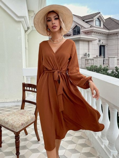 

surplice neck belted lantern sleeve dress a5mr#, Black;gray
