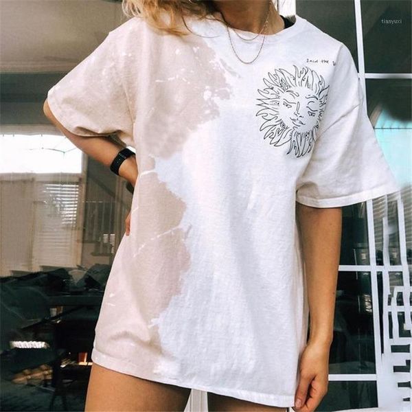 T-shirt das mulheres vintage sol solto rosto impressão camiseta meninas casuais elegante Oversized o pescoço de manga curta mais roupas de moda verão 2022