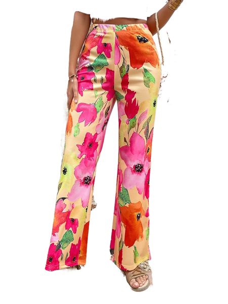 

all over floral print elastic waist split hem pants p47h#, Black;white