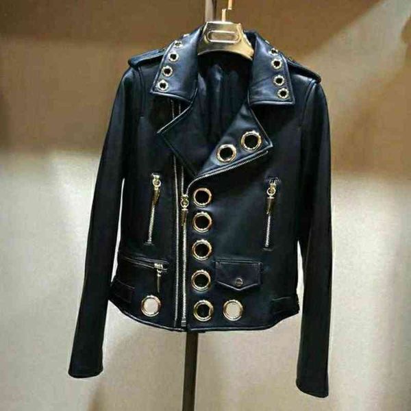 

women chic faux leather motorcycle jacket fall pu locomotive bomber coat zipper cardigan metal rings hollow streetwear crop l220728, Black