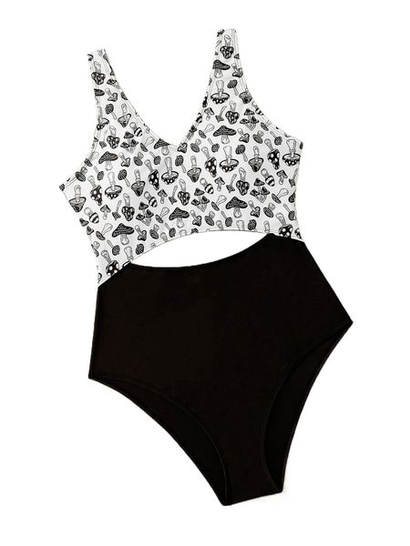 

plus mushroom print cut-out one piece swimsuit z7sv#, White;black