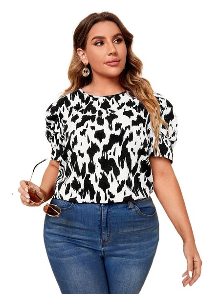 

plus allover print puff sleeve blouse f1hk#, Black