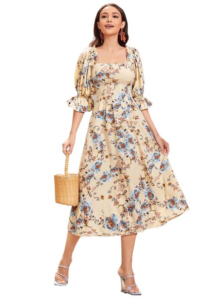 

floral print flounce sleeve a-line dress w3zz#, Black;gray