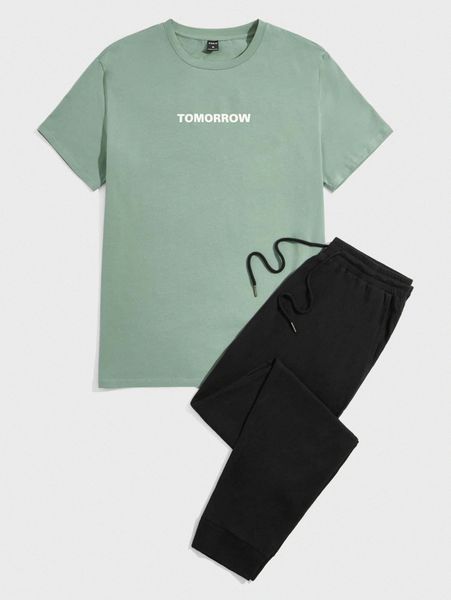 

men letter graphic tee & drawstring waist sweatpants h3gv#, Gray