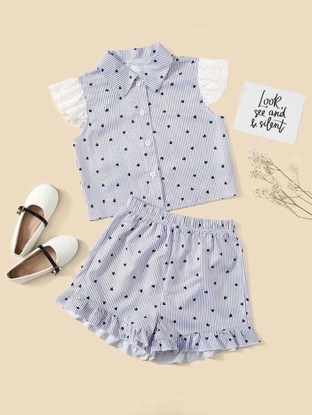 

girls heart & striped print eyelet embroidery blouse & ruffle hem shorts she, White