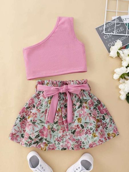 

little girl's rib knit one shoulder and printed belt skirt she, White