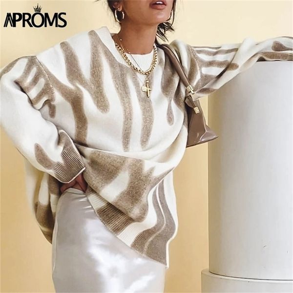 

aproms korean fashion khaki stripes print loose sweaters women winter hip-pop oversized long pullovers streetwear outerwear 201224, White;black