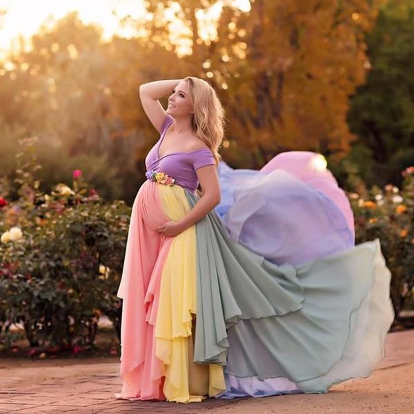Abiti casual Modesto colore misto chiffon donne volant di maternità floreale abito lungo femminile incinta con fascia a fioriCasual