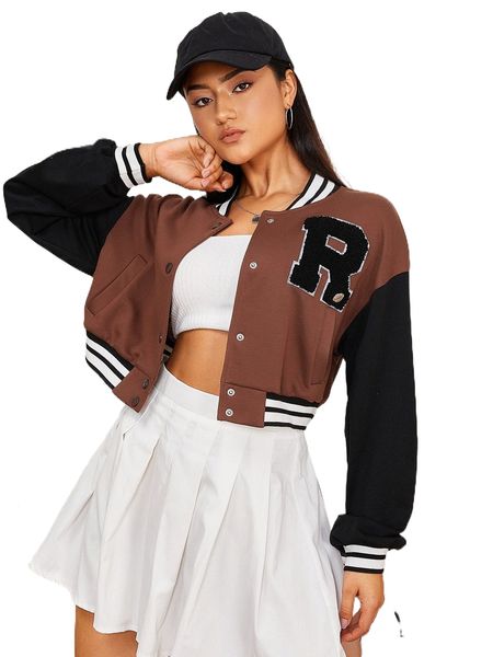 

letter patch detail colorblock drop shoulder varsity jacket m2st#, Black;brown