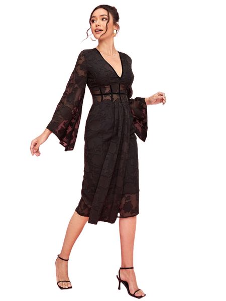 

x elle rebel v-neck trumpet sleeve draped split back dress 968u#, Black;gray