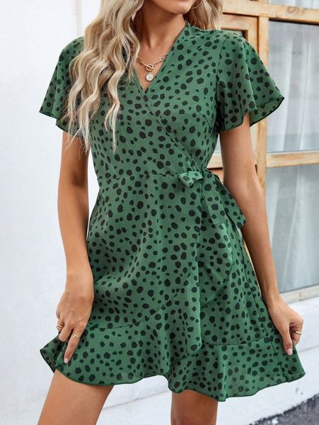 

dalmatian print butterfly sleeve ruffle trim wrap knot side dress y1wh#, Black;gray
