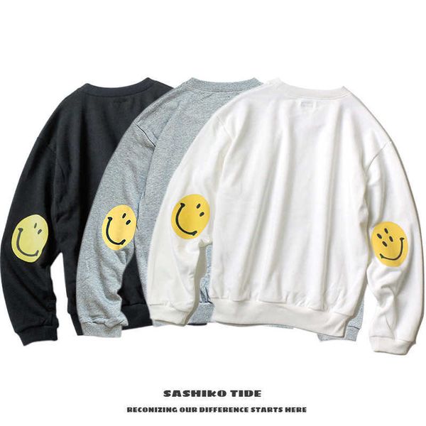 

men's hoodies kapital hirata hehong men's and women's same japanese loose casual smiling face printed long sleeve sweater, Black