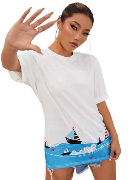 

hippocampus and letter graphic cuffed sleeve tee e5fs#, White