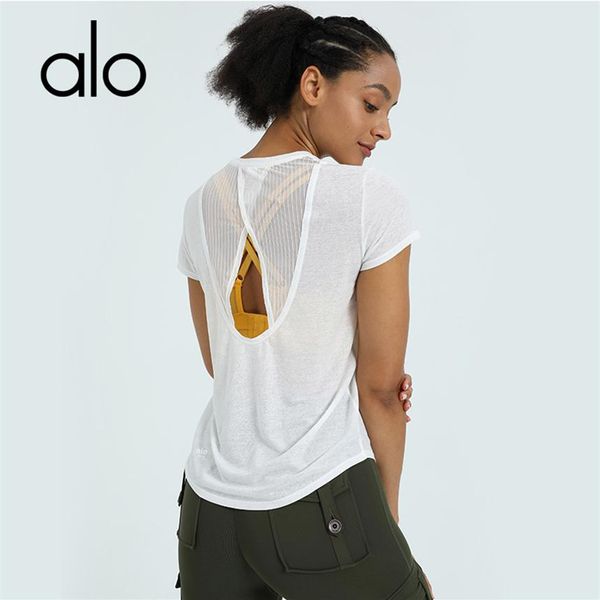 

alo yoga sports short-sleeved t-shirt ladies round neck back hollow mesh stitching fitness training stretch leisure blouse228b