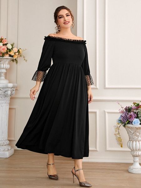 

plus heart mesh flounce sleeve frill trim off shoulder dress b8r0#, Black