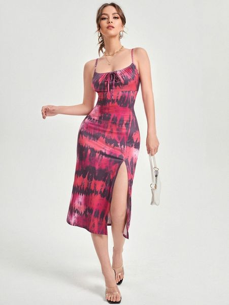 

tie dye tie front slit thigh cami dress o9q7#, Black;gray
