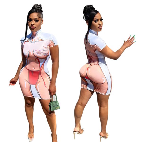 

2022 summer human body printed bodycon dress for womens short sleeve high neck slim brand mini dresses k7125, Black;gray