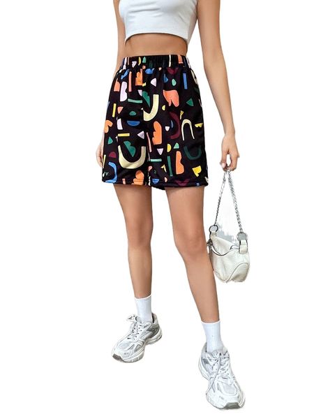 

geo print elastic waist shorts 37xq#, White;black