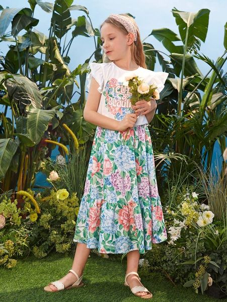 

girls letter & floral print bell cuff and ruffle hem skirt set she, White