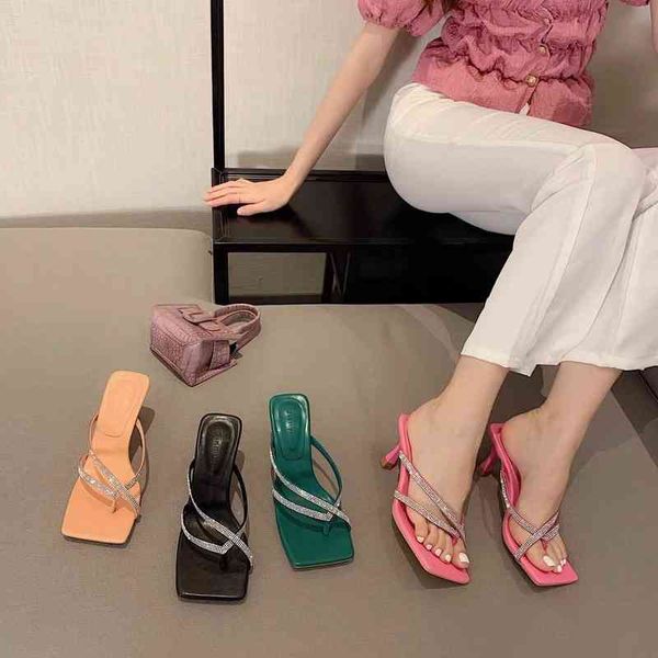 

slippers clip toe women shallow slip on mules shoes orange black green pink sandals slides thin high heels pumps 220328