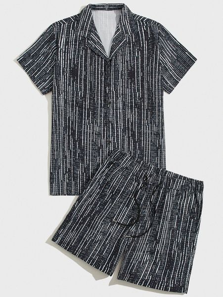

romwe guys geo print lapel collar shirt & shorts 74hx#, Gray