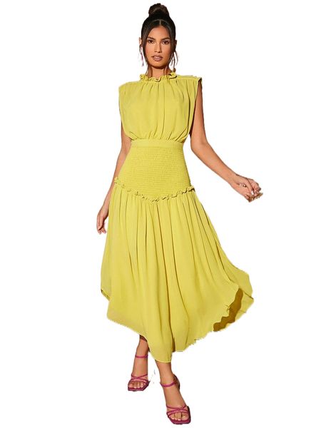 

shirred frilled tie back slit curved hem dress f8xq#, Black;gray