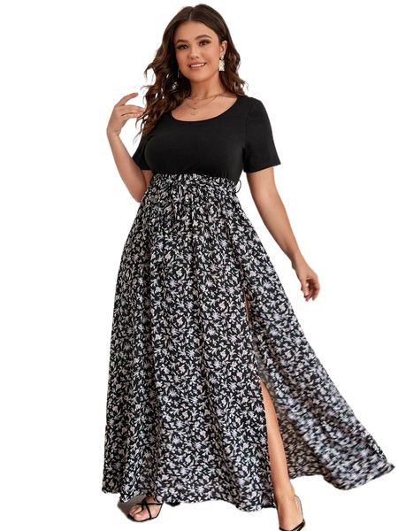 

plus ditsy floral split thigh dress 45o0#, Black
