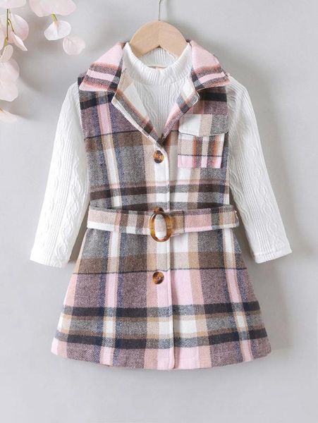 

toddler girls mock neck textured tee & plaid belted dress she01, White