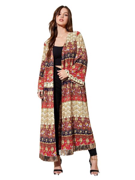 

x holichic floral & baroque print open front longline coat k0mu#, Black