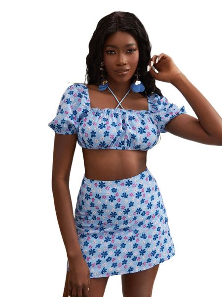 

x yin creative studio floral print tie back puff sleeve crop & skirt h6gc#, White