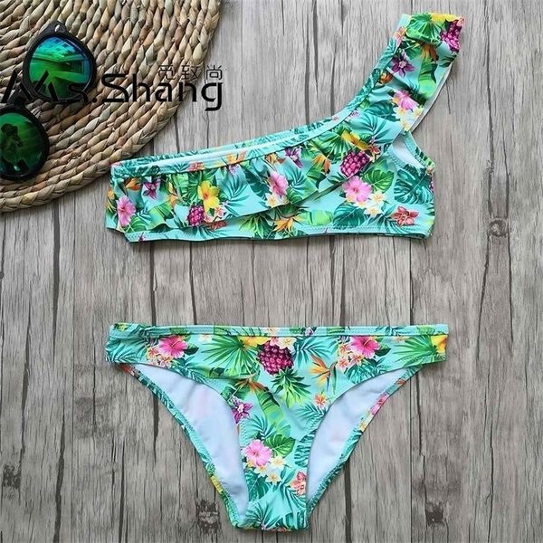 

816 years girl swimsuit print teenager girl bikini one shoulder swim wear falbala two piece children swimwear girl bathing suit y200319, White;black