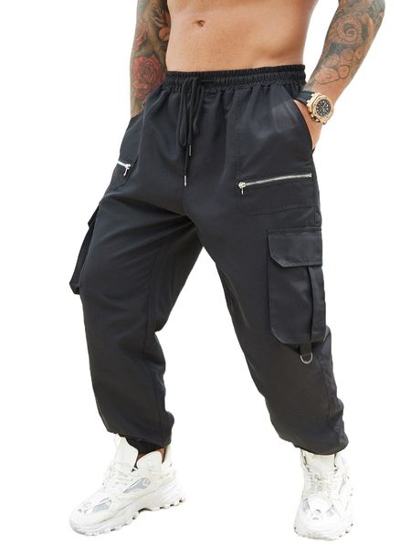 

extended sizes men flap pocket drawstring waist cargo pants o07o#, Black