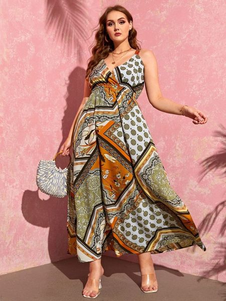 

plus patchwork scarf print ruched back slip dress v0a2#, Black