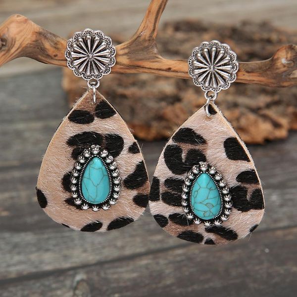 

dangle & chandelier wholesale exaggerated drop-shaped leather leopard print earrings women's alloy inlaid turquoise ancient silver long