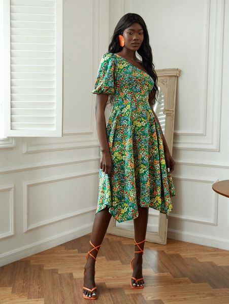 

allover floral print one shoulder hanky hem dress d6mh#, Black;gray