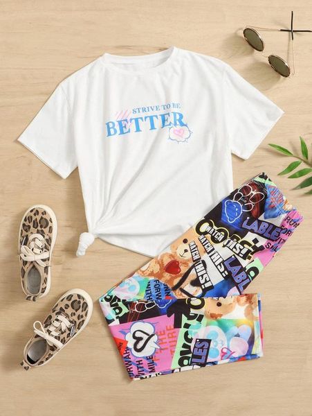 

girls slogan graphic tee & cartoon graphic leggings she, White