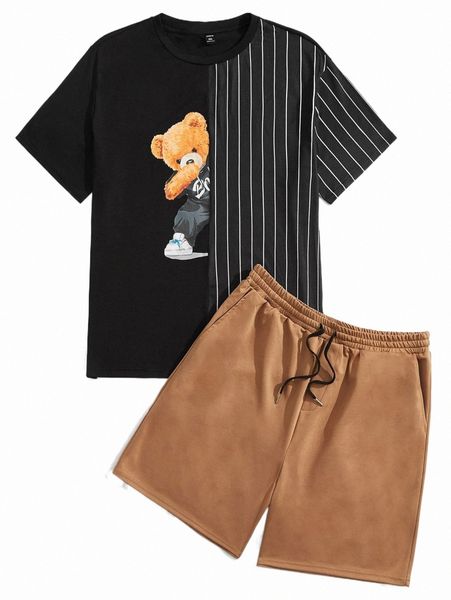 

extended sizes men striped cartoon graphic tee & track shorts 06y6#, Gray