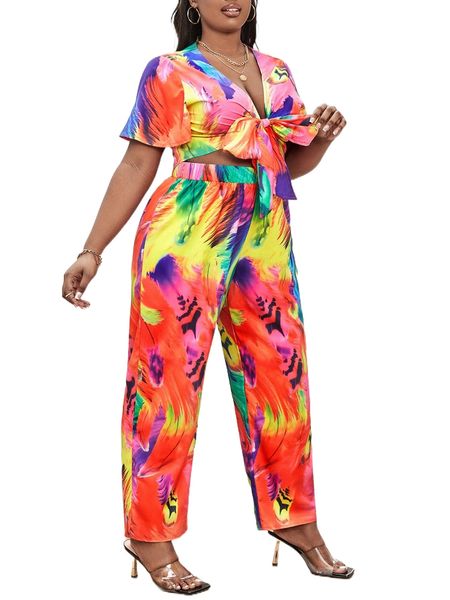 

sxy plus tie dye knot front crop & pants v8jj#, Black