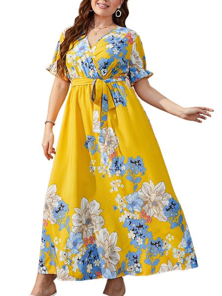

plus floral print puff sleeve belted dress j1c5#, Black